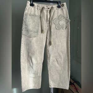 SHEIN Light Sage colored barrel jeans with flower accent